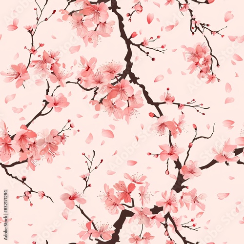Seamless sakura pattern with branches and falling petals in soft pink hues