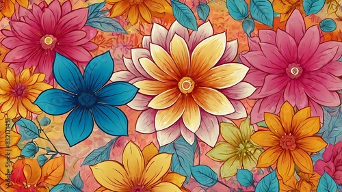  repeating pattern of hand-drawn flowers. 