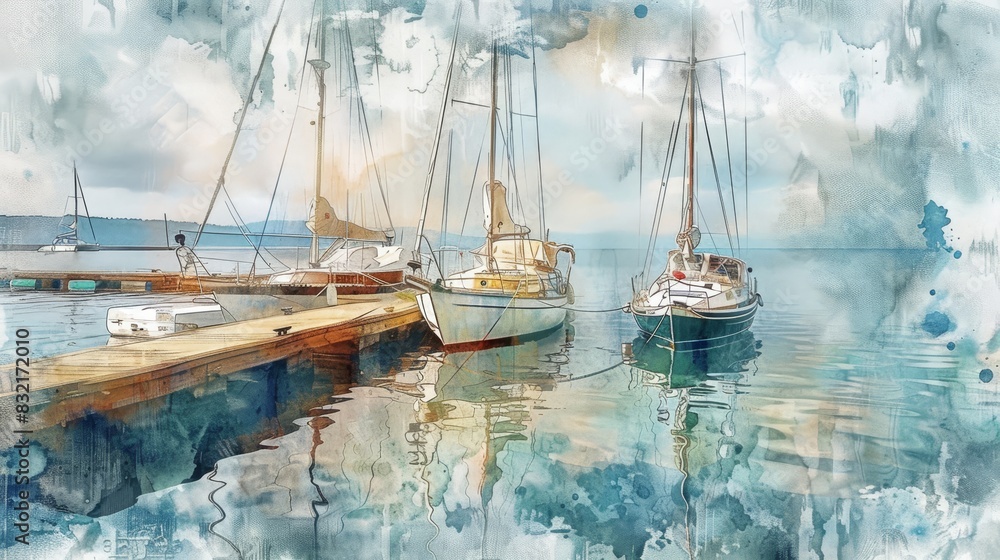Obraz premium Serene view of boats docked at a quiet harbor, light watercolor artwork.