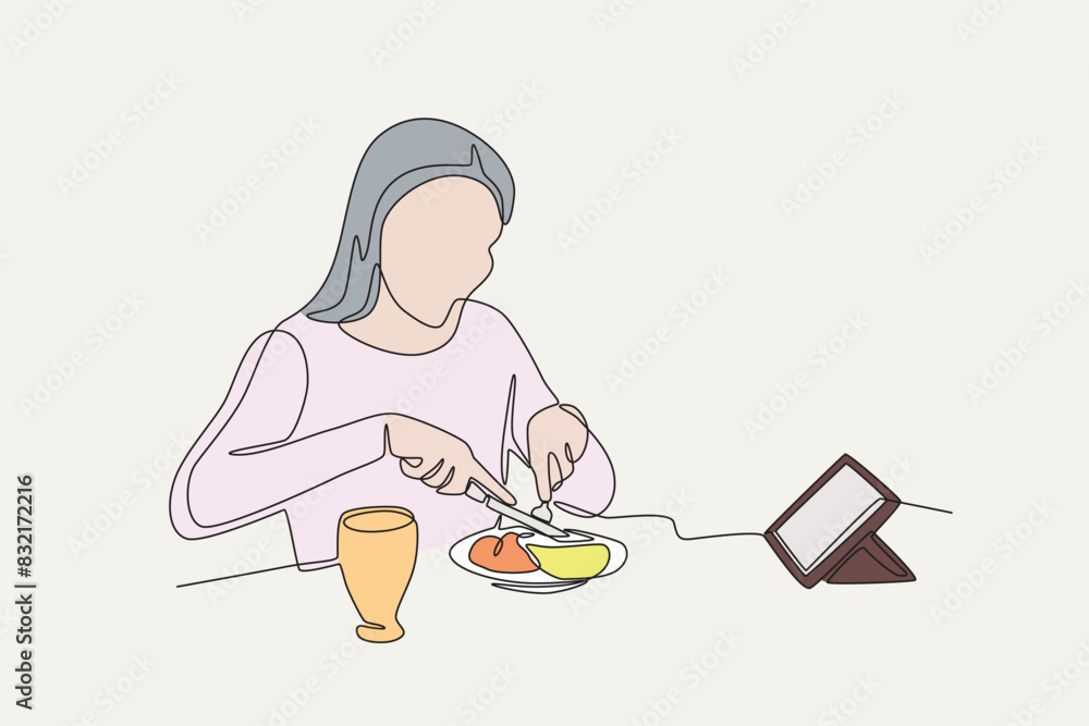 Colored woman having breakfast while looking at tablet. Eating breakfast concept one-line drawing Colored woman having breakfast while looking at tablet. Eating breakfast concept one-line drawing