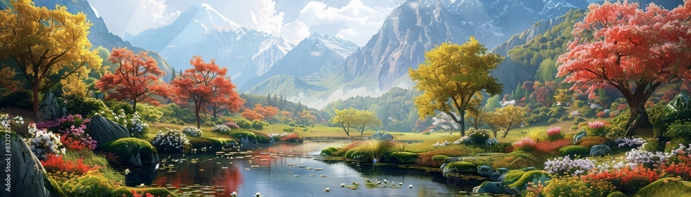 Naklejka premium A picturesque valley garden scene with a tranquil pond, surrounded by flowering trees and a backdrop of majestic mountains, evoking a perfect peaceful retreat