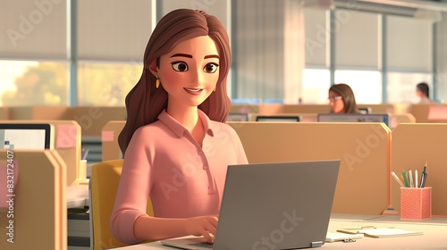 3D woman character engaged with her laptop, with an office background showing cubicles and workstations, plain beige setting