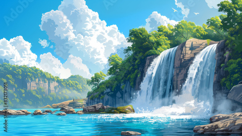 Beautiful waterfall cascading into a blue lake  surrounded by lush tropical vegetation and clear skies.