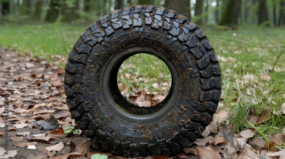 Car wheel with winter tire in snowy forest for improved winter driving performance Car wheel with winter tire in snowy forest for improved winter driving performance