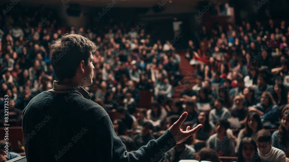 An individual from the rear view is speaking to a captivated audience in a lecture hall or theater setting