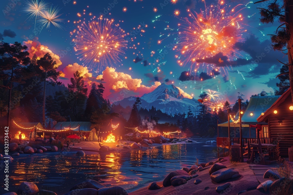 Fototapeta premium Vibrant 4th of July celebration at a picturesque camping site