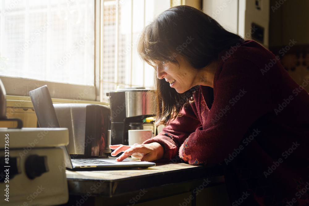 adult woman in the kitchen looking for recipes on the laptop to cook. adult woman in the kitchen looking for recipes on the laptop to cook.