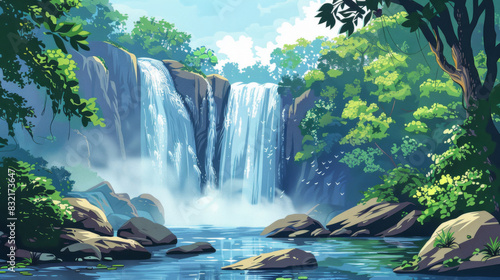 Beautiful waterfall cascading into a serene pool  surrounded by lush green forest and rocks under a bright blue sky.