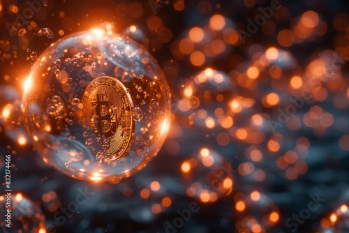 Bitcoin Suspended in a Bubble with Bright Orange Lights