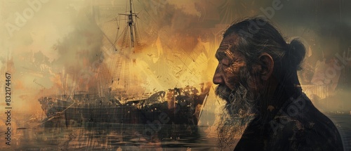 A contemplative older man stands by the sea, with an image of a burning ship in the background, evoking a sense of nostalgia and reflection. photo