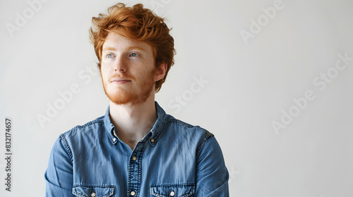 portrait of a european red-haired student guy dressed in a blue denim shirt on a white studio background photo