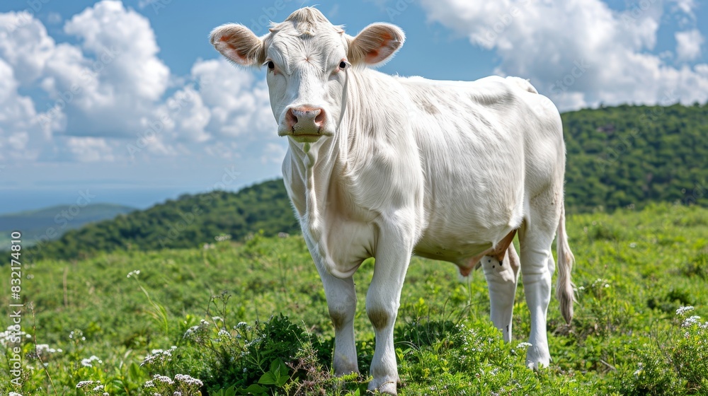 White cow grazing in lush green meadow with majestic mountain landscape in the background White cow grazing in lush green meadow with majestic mountain landscape in the background