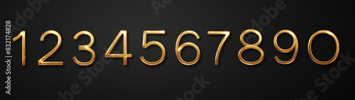 Luxurious gold number. Realistic 3d numbers from zero to nine isolated on black background. Birthday golden numbers vector set. photo