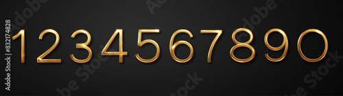 Luxurious gold number. Realistic 3d numbers from zero to nine isolated on black background. Birthday golden numbers vector set.