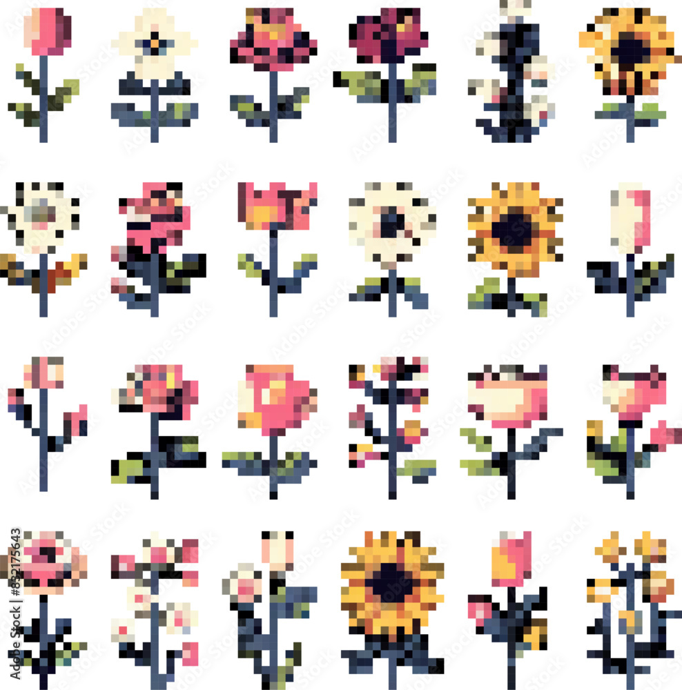 Delightful 8-bit pixel art flowers, blooming in a retro game style, crafted as vector icons without background, perfect for diverse digital and print designs. Delightful 8-bit pixel art flowers, blooming in a retro game style, crafted as vector icons without background, perfect for diverse digital and print designs.