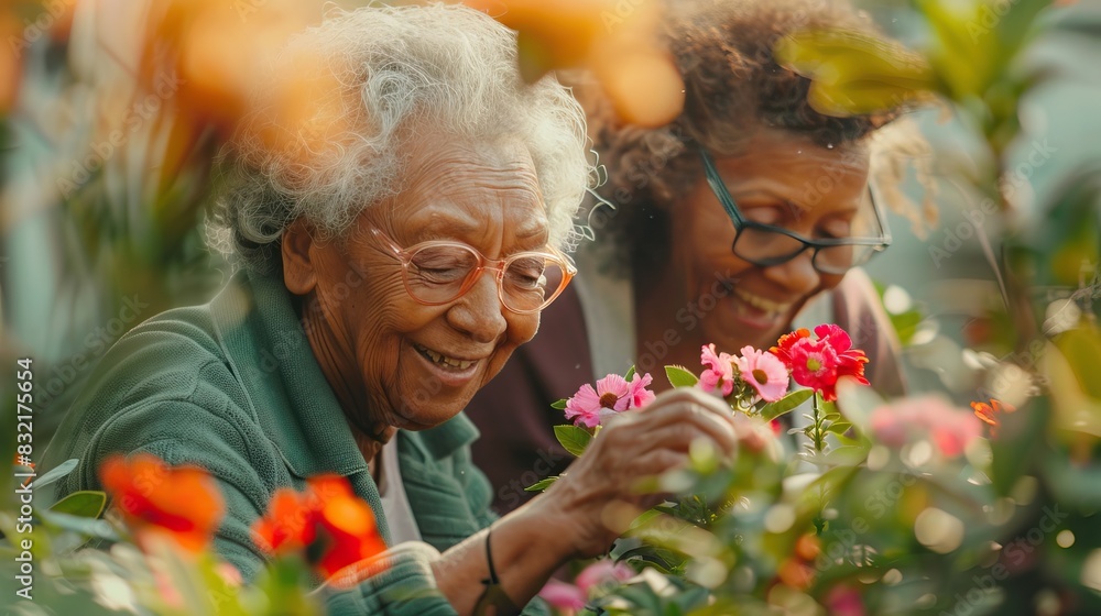 Elderly women joyfully tending to colorful flowers in a garden, surrounded by vibrant blooms and lush greenery. Elderly women joyfully tending to colorful flowers in a garden, surrounded by vibrant blooms and lush greenery.