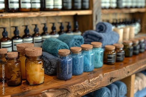 A well-organized bathroom counter features neatly arranged skincare products in glass jars and bottles, alongside folded towels, emphasizing a clean and orderly space.