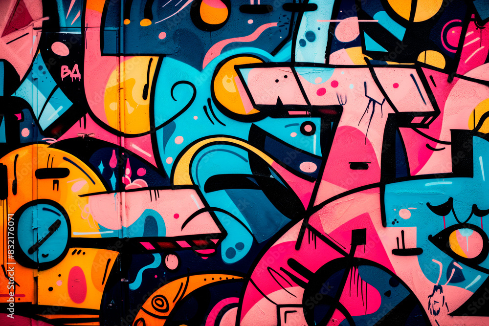 An artwork featuring an abstract painting created with vibrant colors. Background with spray paint texture