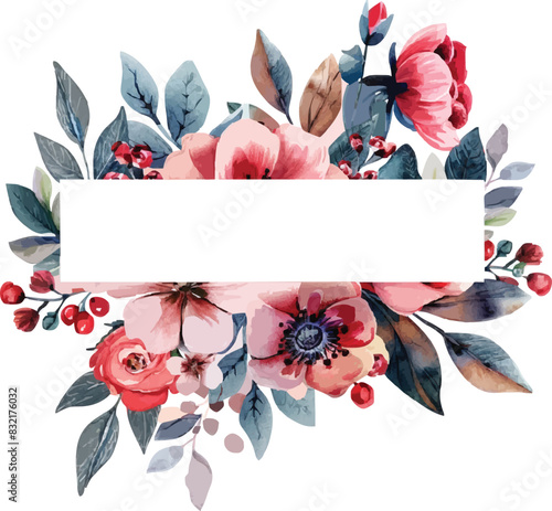 Vintage Card, Watercolor wedding invitation design with pink rose, bud and leaves. wild flower, background with floral elements for text, watercolor background. Template. fra