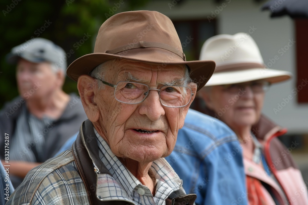 Old man with hat and glasses on the background of the village. Old man with hat and glasses on the background of the village.