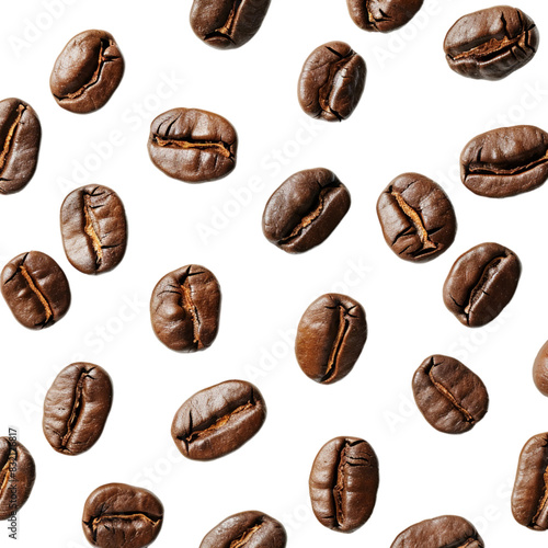 A collection of coffee beans scattered on a clean white surface, showcasing their rich brown color and varied shapes on a transparent background