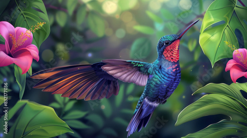 Vibrant illustration of a hummingbird hovering in a lush tropical garden with flowers and foliage.