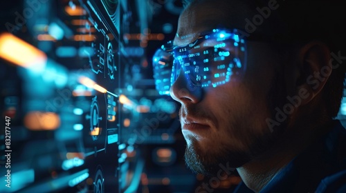 Digital, data hologram and tech code of a fintech business man working on futuristic technology. Big data, cloud computing and ux design of a software research on cryptocurrency and it, ai tech © Mahemud