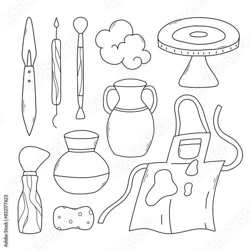 Set of pottery tools in doodle style. Collection of tools for clay in line style. Vector illustration.