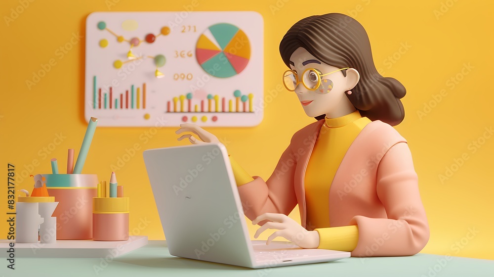 © Abdul - 3D woman character focused on her laptop, with SEO analytics and keyword charts in the background, plain soft yellow setting © Abdul - 3D woman character focused on her laptop, with SEO analytics and keyword charts in the background, plain soft yellow setting