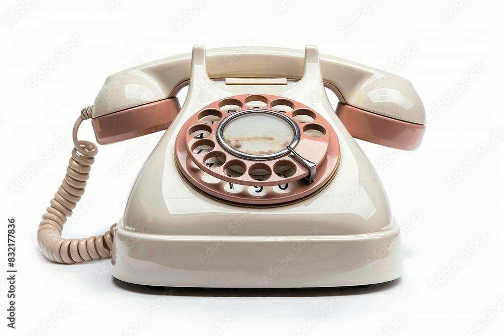 Retro rotary telephone with coiled cord, isolated white background, high detail, vintage charm Retro rotary telephone with coiled cord, isolated white background, high detail, vintage charm