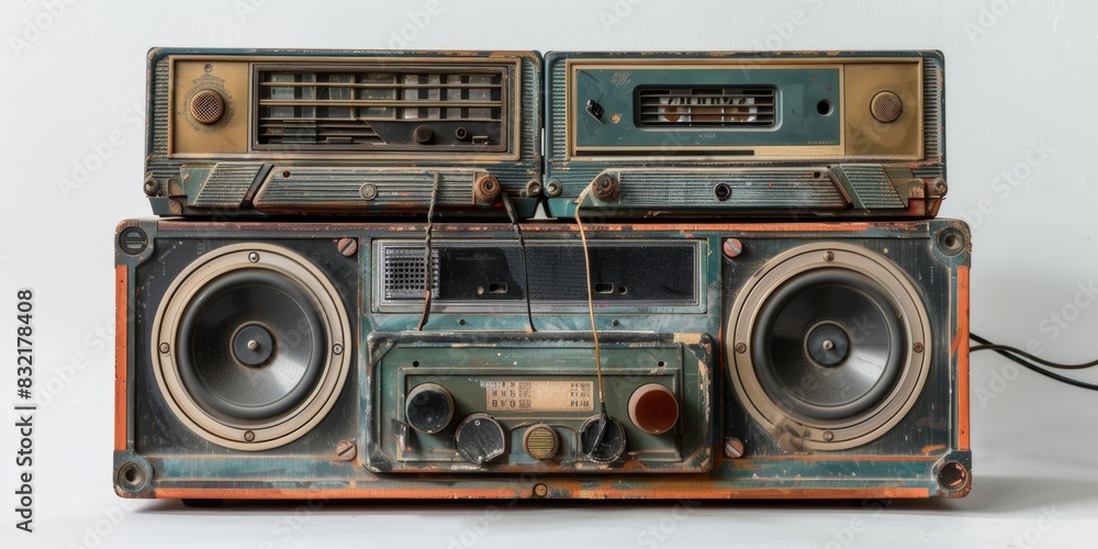Retro boombox with dual cassette decks and speakers, isolated white background, high detail, street culture Retro boombox with dual cassette decks and speakers, isolated white background, high detail, street culture