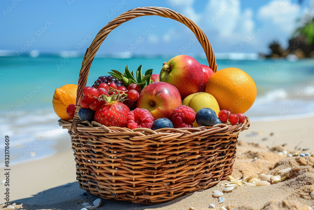 Large basket with fresh tropical fruits on the beach, turquoise sea and blue skies in the background. Travel and vacation concept. Large basket with fresh tropical fruits on the beach, turquoise sea and blue skies in the background. Travel and vacation concept.