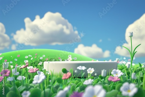 a cylinder product podium in the nature background with flowers