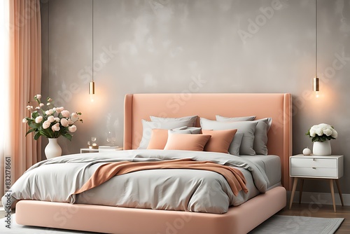 Bedroom in Delicate Peach Fuzz Color Trend 2024 with Panton Furniture and Accent Wall. Modern Luxury Room Interior for Home or Hotel. Empty Warm Apricot Paint Background for Art. 3D Render.