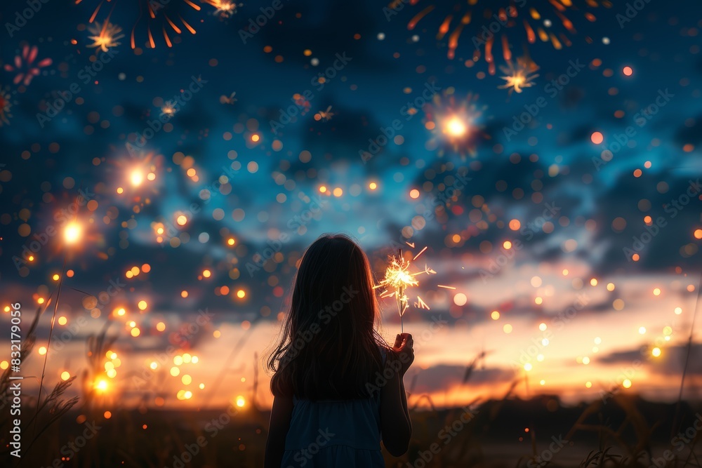 Rear view of a young girl celebrating USA birthday, holding a sparkler, fireworks lighting up the night sky, photorealistic digital art, vivid and bright colors, patriotic spirit Rear view of a young girl celebrating USA birthday, holding a sparkler, fireworks lighting up the night sky, photorealistic digital art, vivid and bright colors, patriotic spirit