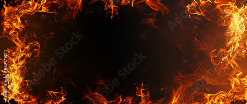 Fire frame border isolated on black background with copy space, concept of fire and hot, wallpaper template. ,copy text area, high resolution.