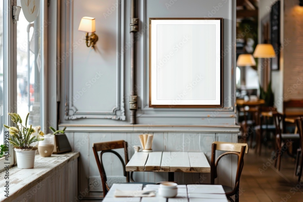 Modern Cafe Interior with Blank Art Frame and City View Modern Cafe Interior with Blank Art Frame and City View