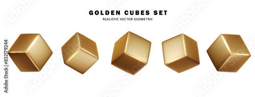 Golden cube. Gold box metallic shape. Geometric gold square realistic collection PNG