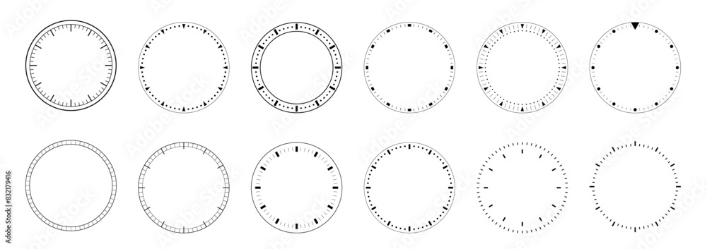 Clock face dials template set. Blank Measuring Circle Scale isolated. Mechanical, Classic template clock set Clock face dials template set. Blank Measuring Circle Scale isolated. Mechanical, Classic template clock set