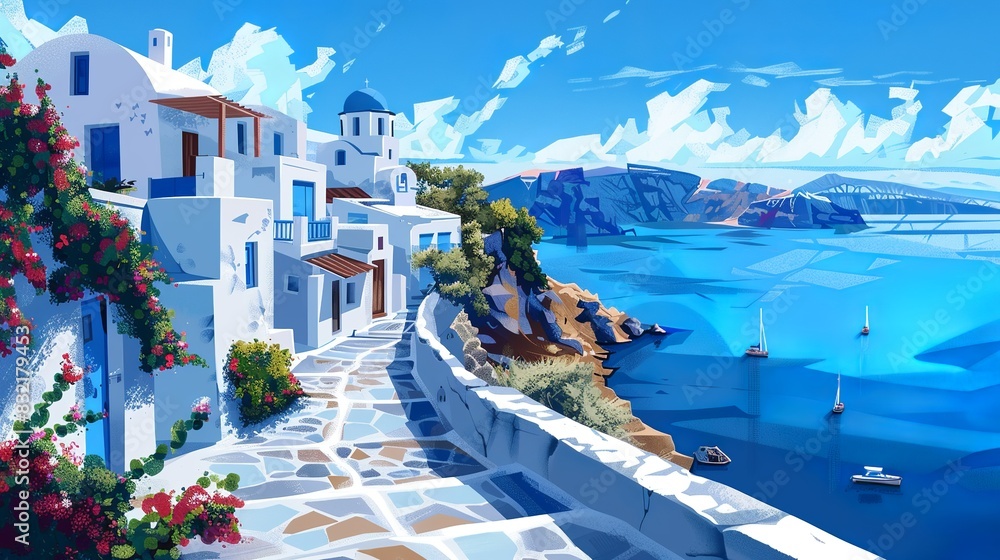 Obraz premium an illustration of greece landscape, blue and white, beautiful, tipycal, bird view,