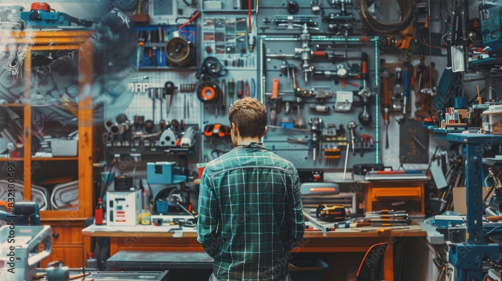 Man in plaid shirt working in a well-organized workshop filled with various tools, equipment, and gadgets, creating a vibrant workspace scene.