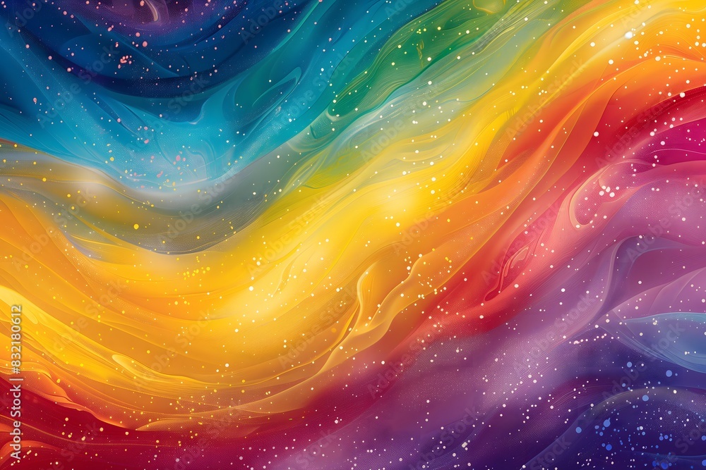 An abstract rainbow-colored background featuring a blend of vibrant, swirling hues seamlessly transitioning from red, orange, yellow, green, blue, indigo, to violet, scattered with shimmering stars An abstract rainbow-colored background featuring a blend of vibrant, swirling hues seamlessly transitioning from red, orange, yellow, green, blue, indigo, to violet, scattered with shimmering stars