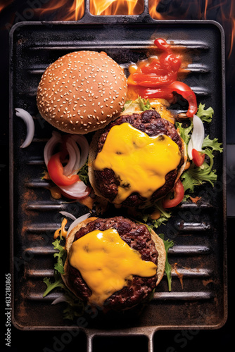 Delicious hamburgers with melting cheese. Top view, flat lay. Ai Generative