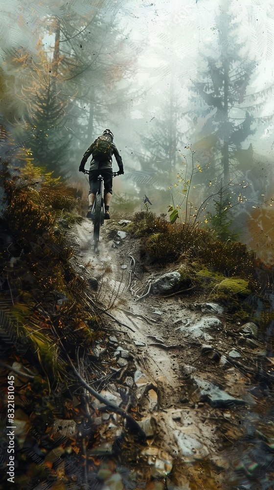 Mountain biker navigating through a misty forest trail, surrounded by autumn foliage and towering trees, embracing nature's adventure.
