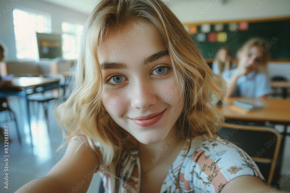 In the serene atmosphere of a classroom as an American caucasian student woman captures a self-portrait, her eyes reflecting pure happiness and ease. In the serene atmosphere of a classroom as an American caucasian student woman captures a self-portrait, her eyes reflecting pure happiness and ease.
