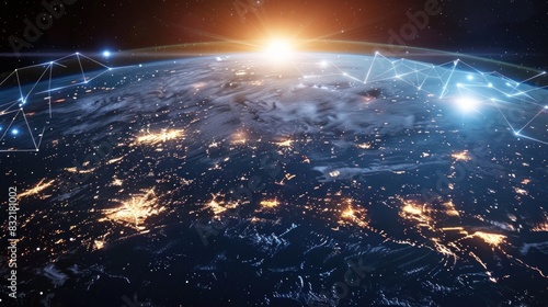 Global network on earth from space  world finance connectivity  business trading  telecommunications