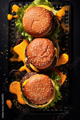 Delicious hamburgers with melting cheese. Top view, flat lay. Ai Generative