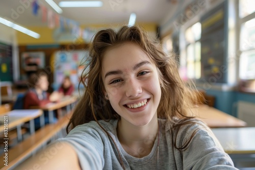 In the serene atmosphere of a classroom as an American caucasian student woman captures a self-portrait, her eyes reflecting pure happiness and ease. photo