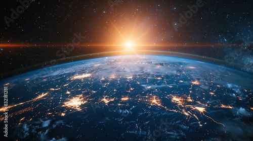 Global network on earth from space, world finance connectivity, business trading, telecommunications photo