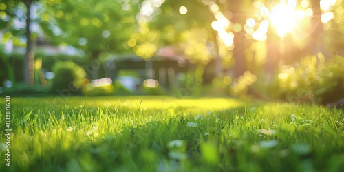 Sunlit garden with vibrant greenery and a beautiful bokeh effect capturing the freshness of morning dew on grass and the warm glow of sunlight filtering through trees 